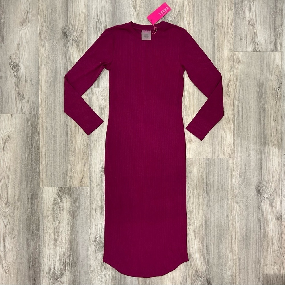 NWT Terez Long Sleeve Ribbed Bodycon High Neck Midi Dress Raspberry Pink Size S